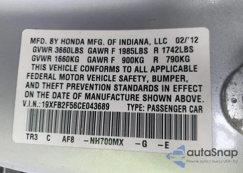 2012 Honda Civic Lx из США, поврежденный, VIN 19XFB2F56CE043689